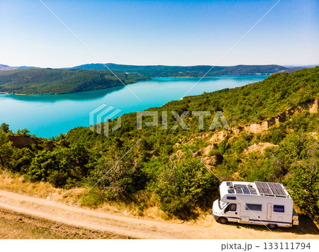 Camping car at lake Sainte Croix in Verdon Gorge, France 133111794