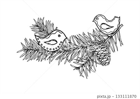 Christmas spruce branch with pinecone and decorative wooden ethnic birds vector illustration painted by black inks. Pine, pinecone and doodle bird etching drawing for holiday cards, seasonal decor 133111870