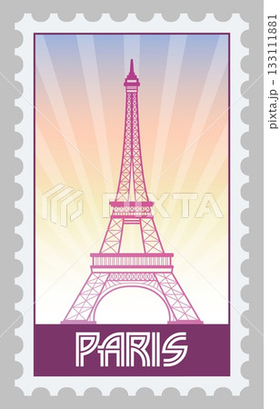Travel map. French postmark. Country sightseeing. Postage label design. Eiffel tower. Scrapbook tag. Famous architecture in France. Envelope post stamp. Paris landmark. Postal vector paper sticker 133111881