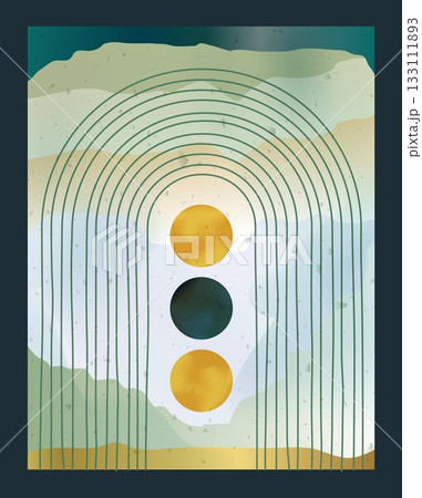 Watercolor background. Architectural arch, green and gold circles. Geometric design, creative minimal poster, notebook cover, ink texture natural paint graphic colors. Vector isolated illustration 133111893