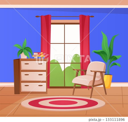 Home interior. Cozy living room decor. Armchair and soft carpet. Apartment furniture. Comfortable sofa. Domestic flowerpot. House furnishing. Commode dresser. Window curtain. Vector empty house inside 133111896