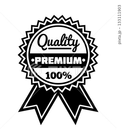 Quality premium badge. Black silhouette seal with ribbons, round emblem design. Best product tag guarantee certificate bestseller label template. Stamp icon. Winner prize. Vector isolated illustration Quality premium badge. Black silhouette seal with ribbons, round emblem design. Best product tag guarantee certificate bestseller label template. Stamp icon. Winner prize. Vector isolated illustration 133111903