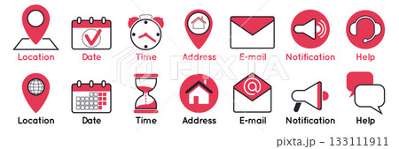 Location icons. Date and calendar symbols. Time clock. Navigation map pin. Address elements. Business schedule design. Sign for UI. Notification megaphone. Logo flat set. Email letter. Vector emblems 133111911