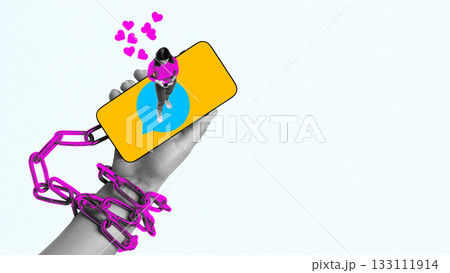 Conceptual collage of chained hand holding smartphone with girl standing on top and hearts floating. 133111914
