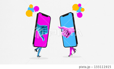 Vibrant artwork of two walking smartphones giving opposing thumbs signals with chat bubbles Vibrant artwork of two walking smartphones giving opposing thumbs signals with chat bubbles 133111915