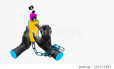 Conceptual composition of chained hands using smartphone with tiny lonely figure above. 133111935