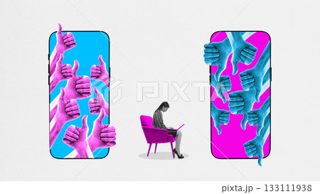 Bold artwork showing positive and negative digital feedback overwhelming user 133111938