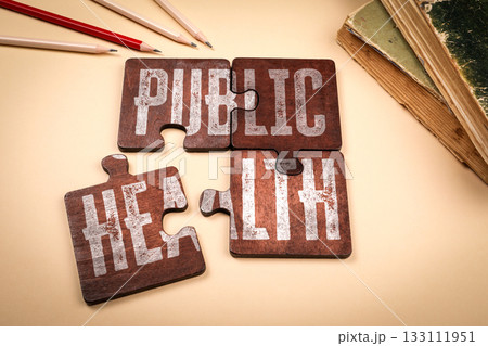 Public Health concept represented with wooden puzzle pieces on beige background  133111951