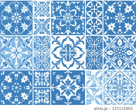 Detailed patterns. Texture of ceramic tiles with geometric patterns in blue color. English style. Building materials. Design mockup and background. Detailed patterns. Texture of ceramic tiles with geometric patterns in blue color. English style. Building materials. Design mockup and background. 133112003