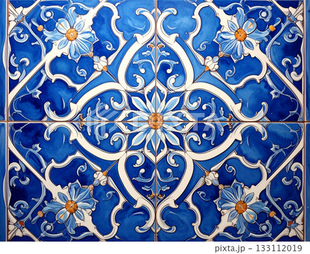 Luxury decor. Texture of ceramic tile in oriental style in blue tones. Design mockup for bathroom interior. Decoration background. Geometric pattern. 133112019