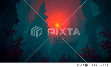 幻想的な沈没船と夕日の海中風景 133112131