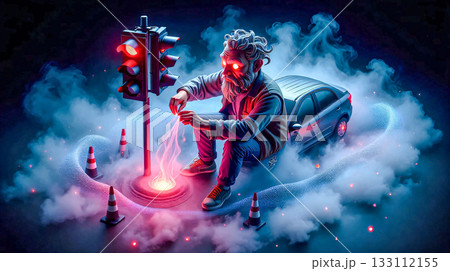 Cyberpunk sorcerer at the crossroads. A cyberpunk-inspired scene features a futuristic sorcerer with glowing red eyes and wild hair. Cyberpunk sorcerer at the crossroads. A cyberpunk-inspired scene features a futuristic sorcerer with glowing red eyes and wild hair. 133112155