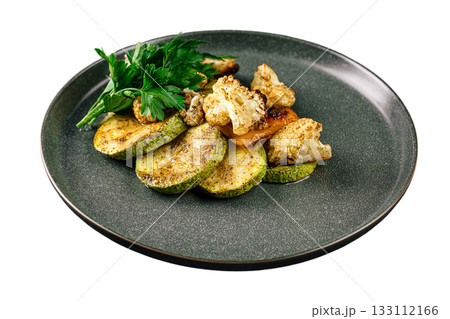 Grilled mixed vegetables on dark plate 133112166