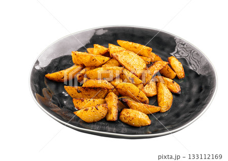 Isolated roasted potato wedges plate Isolated roasted potato wedges plate 133112169