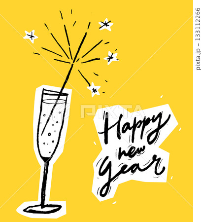Glass of champagne with a sparkle and hand lettering Happy new year 133112266