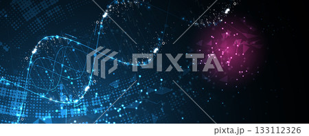 Futuristic hexagons, DNA strands, connected neural structure web 133112326