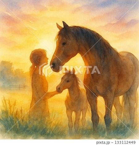 親子の馬と女性が触れ合う水彩画イラスト 親子の馬と女性が触れ合う水彩画イラスト 133112449