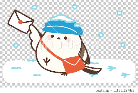 手紙を持って雪の降る道を配達に歩くシマエナガ 133112463