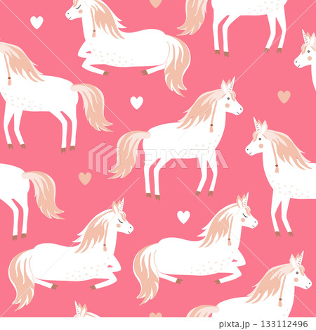 Seamless pattern with cute unicorns and hearts. Vector illustration Seamless pattern with cute unicorns and hearts. Vector illustration 133112496