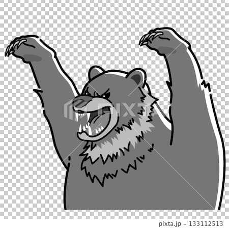 両手を上げて威嚇する怖いクマのイラスト（モノクロ） 133112513