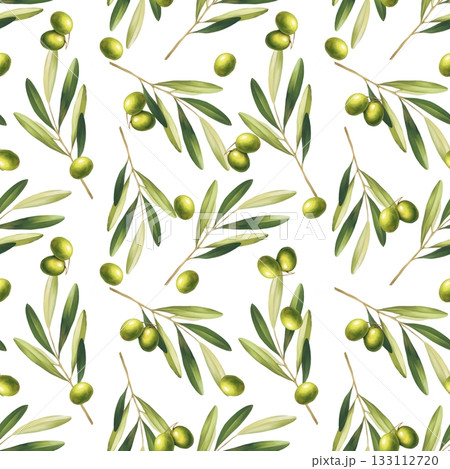Seamless pattern Illustration with hand-drawn green olives and branches scattered on a white background. Perfect for Italian restaurant branding, rustic food packaging, or kitchen textile. 133112720