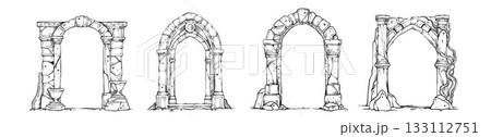 Stone arch frame set, hand drawn fantasy portal doorway, ancient medieval gate ruin ink illustration 133112751