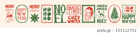 Christmas holiday stamp set, vector hand drawn doodle New Year vintage lettering print, festive logo 133112752