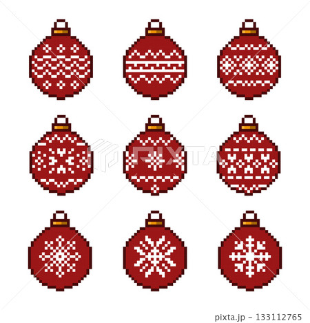 Pixel Art Christmas Ornaments Set, Red Holiday Baubles with Nordic Snowflake Patterns 133112765
