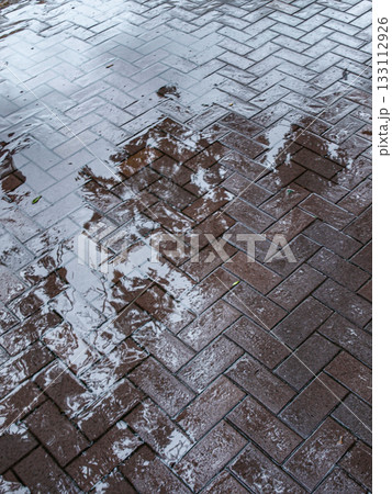 The sidewalk in the park. Autumn path paved with paving slabs with puddles. 133112926