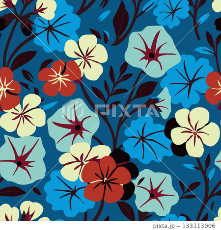 Bold tropical floral seamless pattern with colorful blue, red and yellow flowers on a dark blue background. Perfect for textiles and wallpapers. 133113006