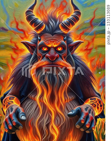 Lord of flames and horns. A mythical creature with large, curved horns and a fiery mane and beard. The creature's eyes glow red, and its skin is adorned with flame-like patterns. 133113089