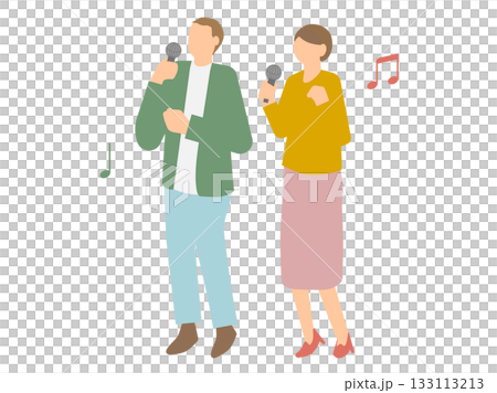 Vector illustration of men and women enjoying karaoke (singing cafe, singing class, recreation) 133113213