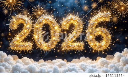 Golden 2026 Numbers Shining Above Clouds With Fireworks for New Year Celebration. 133113254