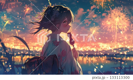 花火が打ち上がる背景と浴衣を着た人 花火が打ち上がる背景と浴衣を着た人 133113300