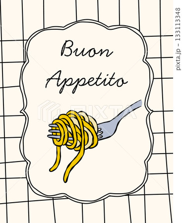 Italian pasta poster with Buon Appetito text and tile background 133113348