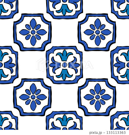 Seamless blue tile pattern with mixed Mediterranean designs Seamless blue tile pattern with mixed Mediterranean designs 133113363