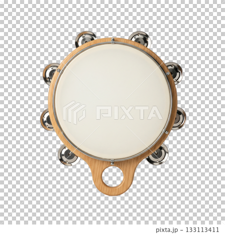 Wooden tambourine with metal jingles musical instrument for rhythm and percussion top view Wooden tambourine with metal jingles musical instrument for rhythm and percussion top view 133113411