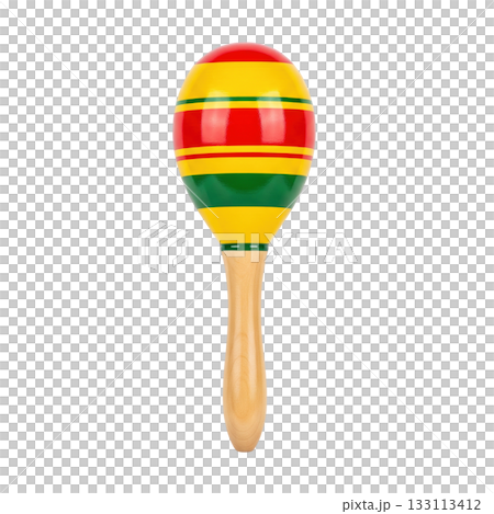 Colorful striped wooden maraca musical instrument for latin music rhythm and cultural festival 133113412