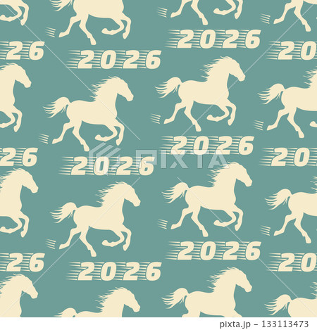 Year 2026 seamless horse pattern with numbers, ideal for new year decorations or backgrounds 133113473