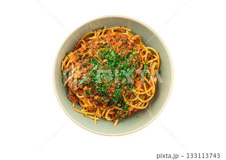 Spaghetti bolognese with meat sauce and herbs 133113743