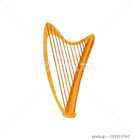 Harp watercolor illustration, warm golden tones, soft hand-painted texture. Elegant musical clip art isolated on white, perfect for Christmas designs, nativity scenes, music decor, creative projects 133113747