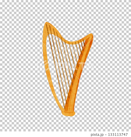 Harp watercolor illustration, warm golden tones, soft hand-painted texture. Elegant musical clip art isolated on white, perfect for Christmas designs, nativity scenes, music decor, creative projects 133113747