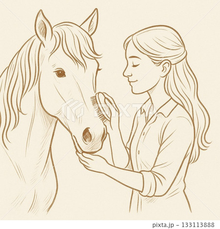 馬のお手入れをする女性の線画イラスト 133113888