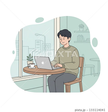 カフェでリモートワークをする男性 カフェでリモートワークをする男性 133114041