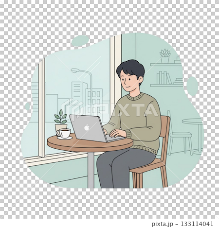 カフェでリモートワークをする男性 カフェでリモートワークをする男性 133114041