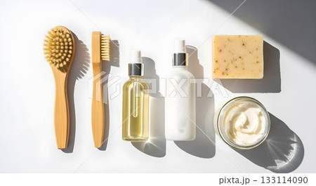 Beauty products arranged on a countertop with natural light highlighting the items in a clean setting Beauty products arranged on a countertop with natural light highlighting the items in a clean setting 133114090