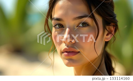 Captivating portrait of a woman in a sunlit outdoor setting surrounded by lush greenery 133114160