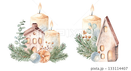 Christmas Advent Compositions Set. Candles with Ceramic houses in Fir Branches and eucalyptus decorated with Blue baubles and dried orange. Cozy home decoration in Rustic style. Watercolor Hand drawn 133114407