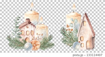 Christmas Advent Compositions Set. Candles with Ceramic houses in Fir Branches and eucalyptus decorated with Blue baubles and dried orange. Cozy home decoration in Rustic style. Watercolor Hand drawn 133114407