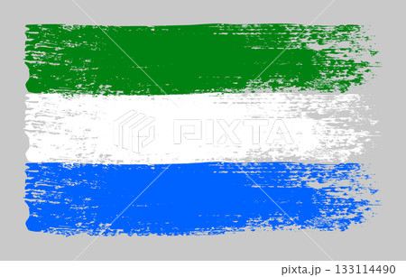 Grunge Sierra Leone flag. Vintage national flag of with ink grunge texture and paint brush strokes. Vector illustration for Independence Day, patriotic design and creative background 133114490
